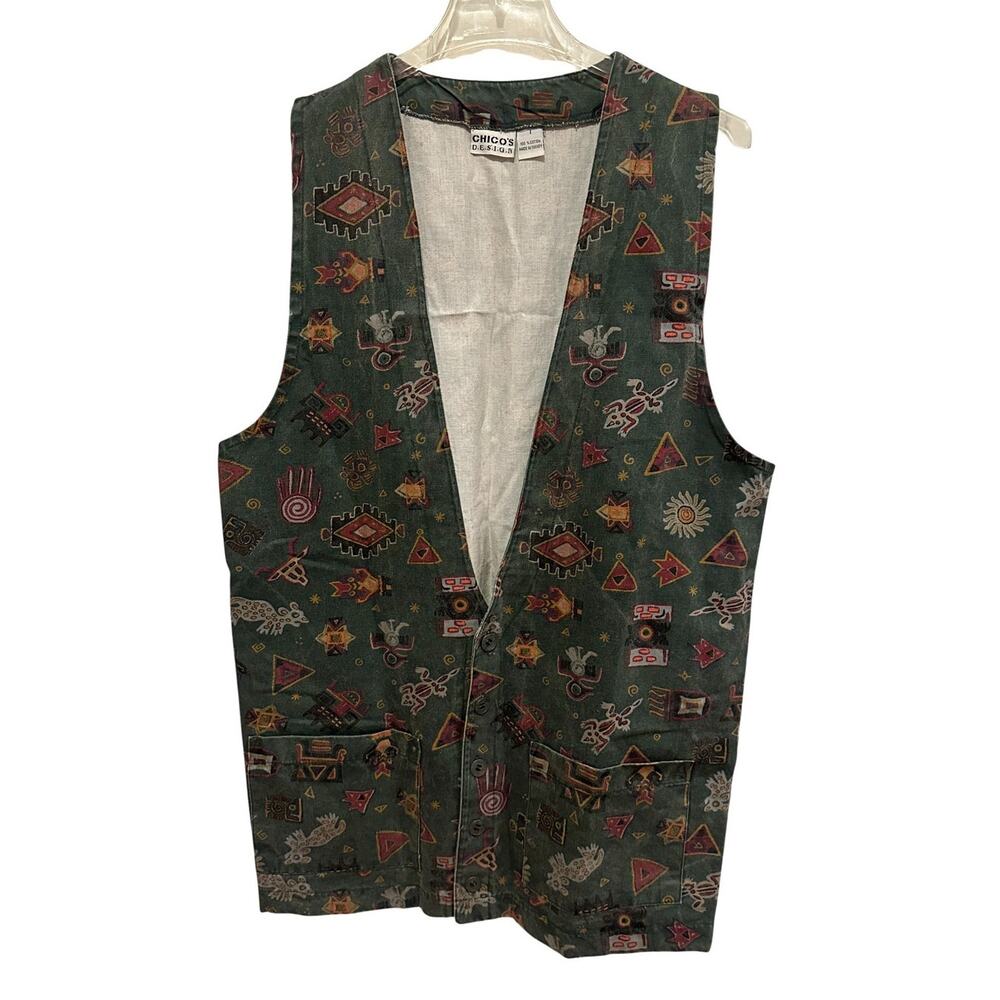 Chico’s Design Printed Cotton Vest Green Tribal Pattern Women’s Size 1